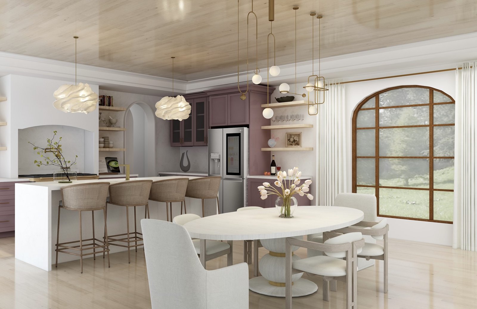 3D rendering of a kitchen and dining room designed by 940 Interiors, featuring dusty rose cabinetry, arched built-ins, a wood plank ceiling and an oval dining table