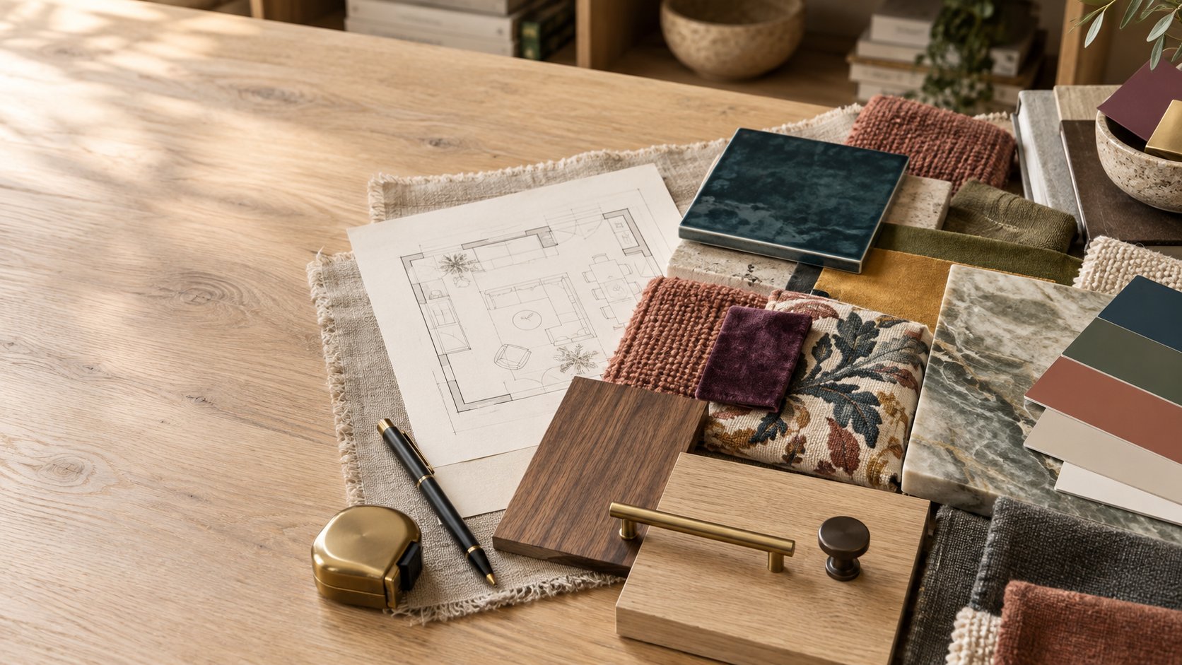 Interior design material selections laid out for review — floor plan, tile, fabric, and hardware