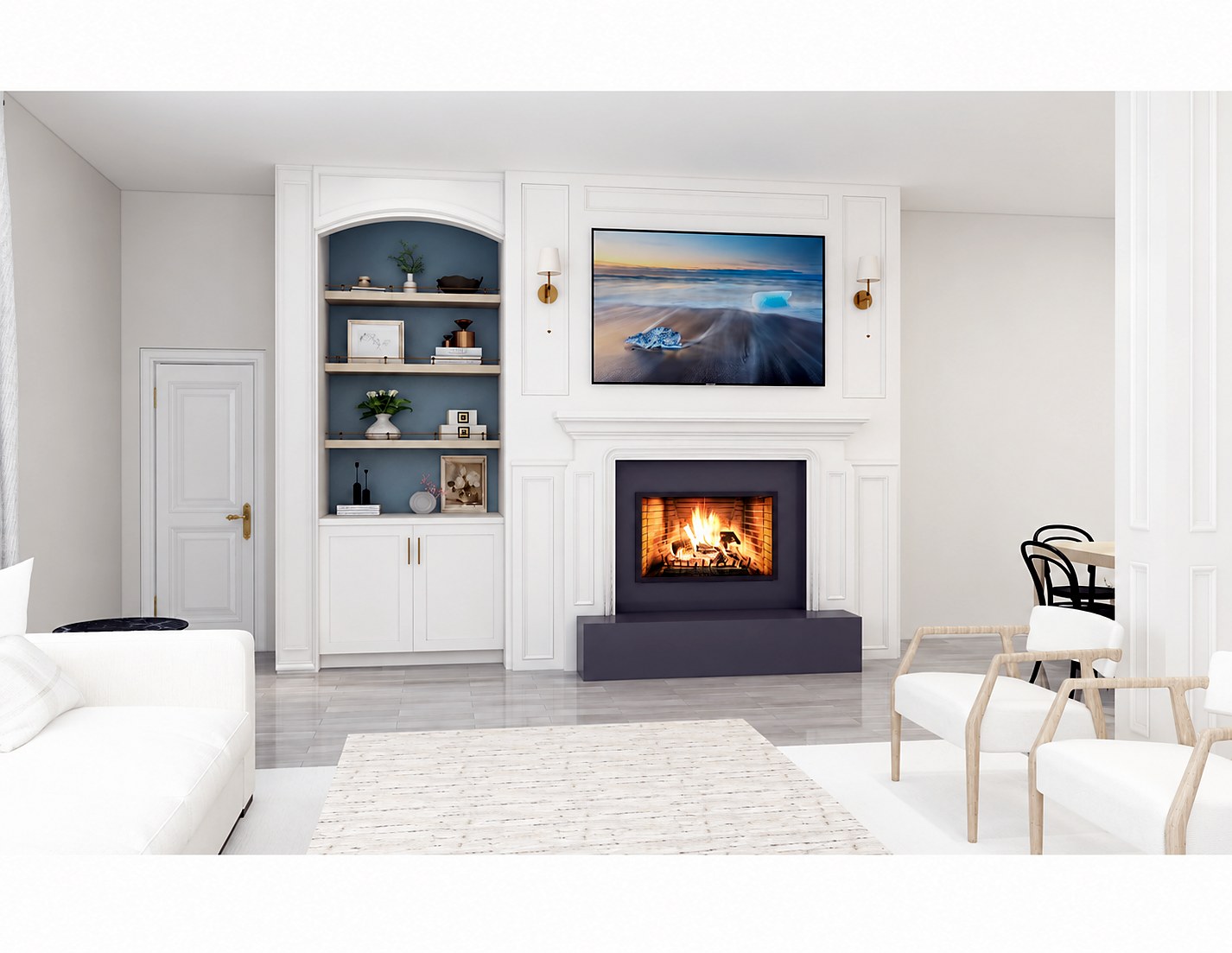 940 Interiors 3D design rendering for Half Moon fireplace remodel showing planned white millwork, arched niche with teal backing, styled shelves, charcoal surround and wall sconces