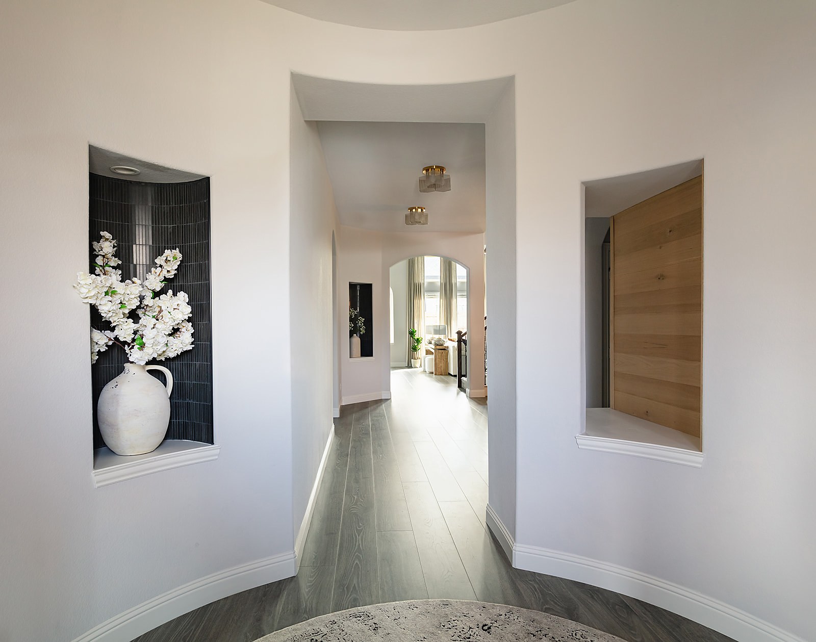 Strait Lane — entry and living room, sofa grouping and fireplace