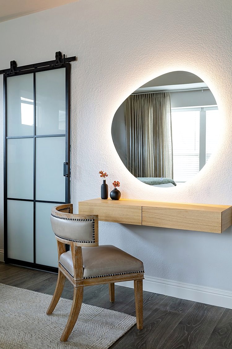 Strait Lane — bedroom detail, nightstand and window composition